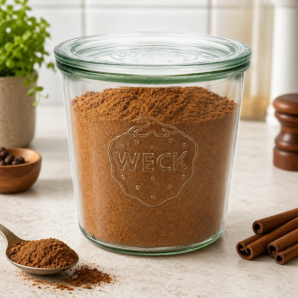 Barattolo di vetro da 580 ml con coperchio in vetro WECK RR100 Barattolo in vetro RR100 da 580 ml WECK riempito di cacao in polvere e cannella sul piano di lavoro per conservare le spezie