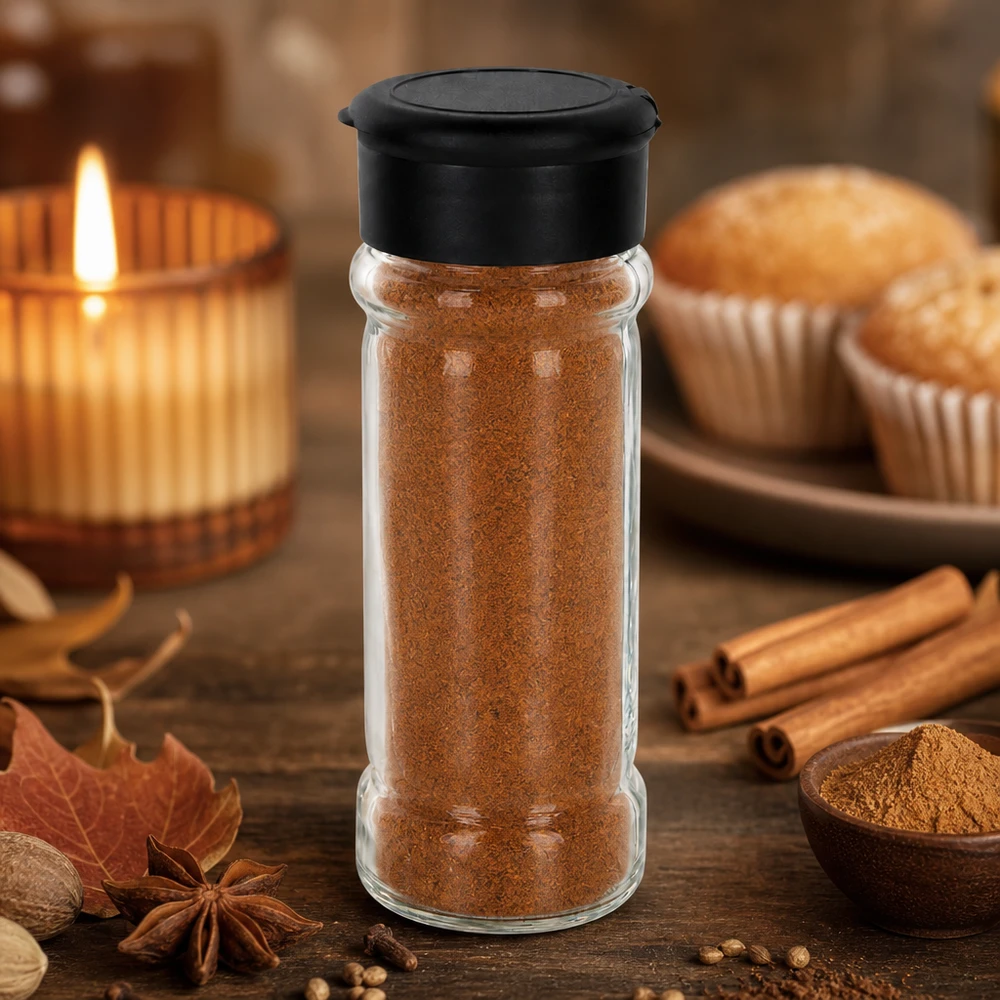Barattolo di spezie da 100 ml riempito di cannella con dosatore nero, accanto a bastoncini di cannella e muffin