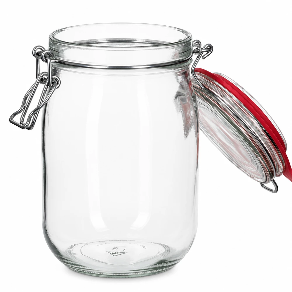 Vaso da conserva grande in vetro trasparente con guarnizione in gomma rossa e manico in metallo 1140ml