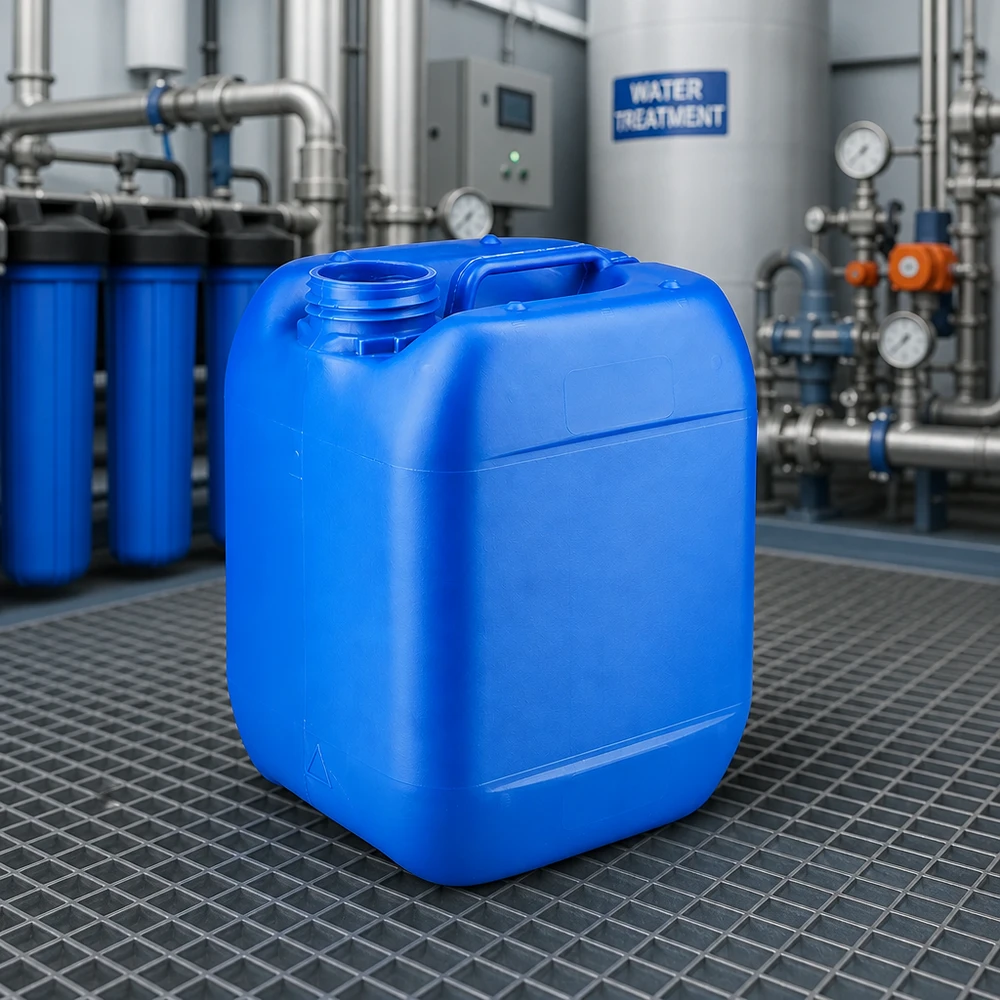 Tanica da 5 litri blu senza tappo in un impianto di trattamento dell'acqua con sistema di tubazioni