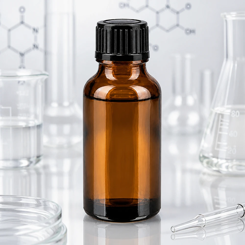 Flacone contagocce marrone da 20 ml STD nero/1mm ApoGlas Flacone da 20 ml in vetro ambrato con tappo a vite nero, posizionato tra un matraccio da laboratorio e un matraccio di Erlenmeyer