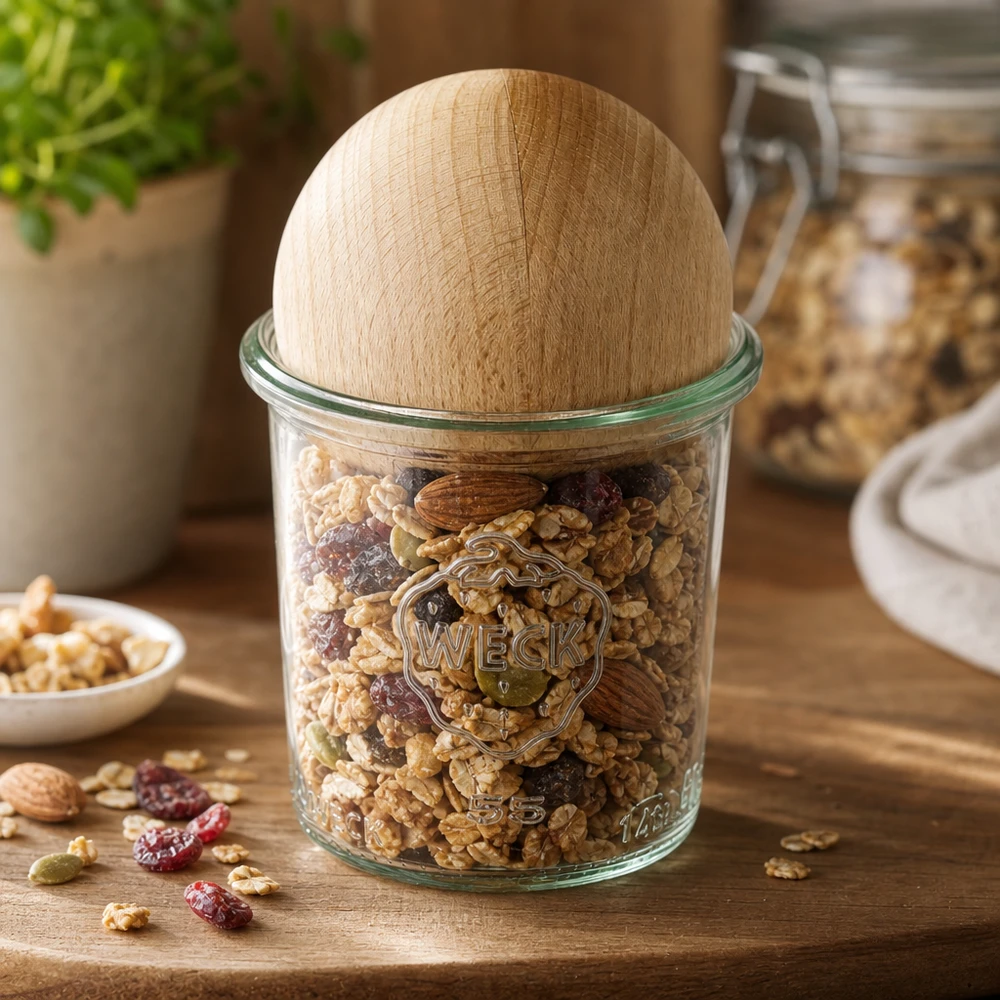 Barattolo per conserve WECK 140ml RR60 riempito con noci e frutta secca, chiusura a sfera in legno di faggio come coperchio