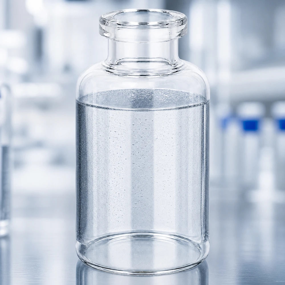 Flacone per iniezione in vetro trasparente 30ml Transparente 30ml Pharmaglasflasche mit wässrigem Inhalt und sichtbaren Mikroblasen Laborumgebung