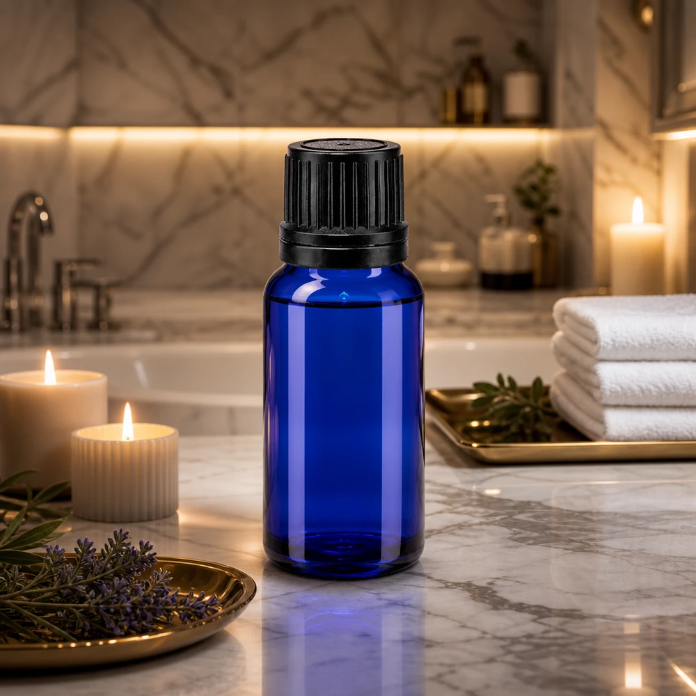 Flacone da farmacia blu da 10 ml con tappo OV nero su sfondo marmorizzato in un ambiente benessere