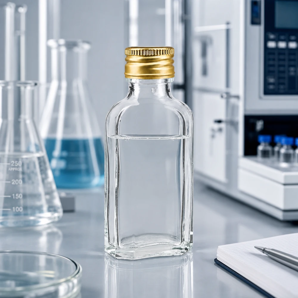 50 ml Meplat trasparente con tappo in alluminio oro PP22 Flacone trasparente Meplat da 50 ml con tappo in alluminio dorato PP22 in ambito di laboratorio professionale