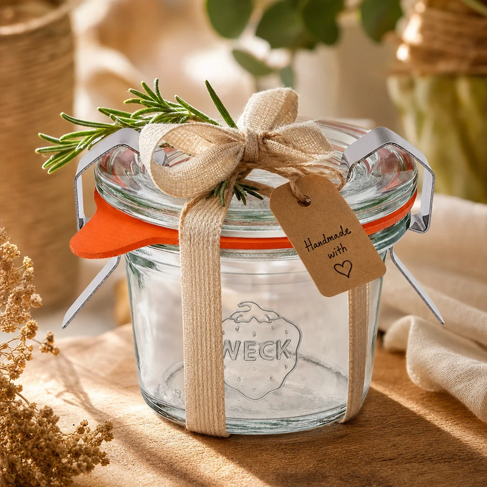 Bicchieri WECK 35ml RR40 in regalo, decorati con nastro al rosmarino e etichetta fatta a mano