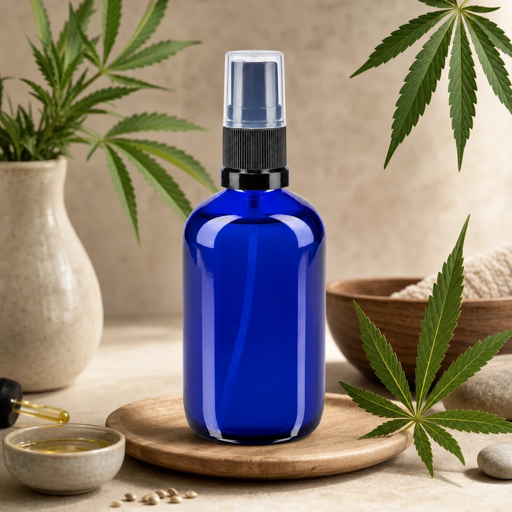 Flacone spray in vetro da farmacia da 100 ml, colore blu cobalto, con immagini di piante di canapa ed elementi naturali per il benessere a base di CBD