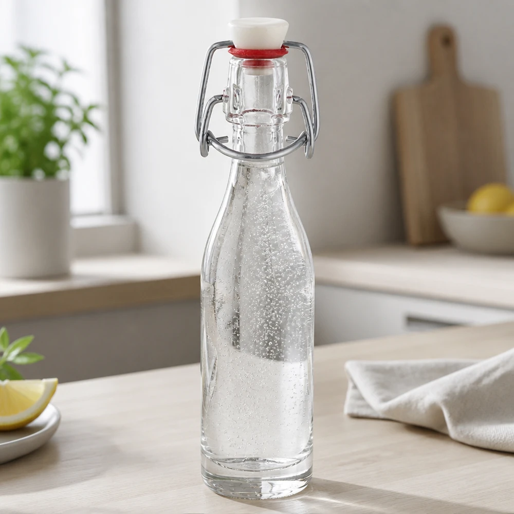 Bottiglia di vetro da 50 ml con tappo girevole riempita d'acqua in una cucina moderna - pratico uso quotidiano