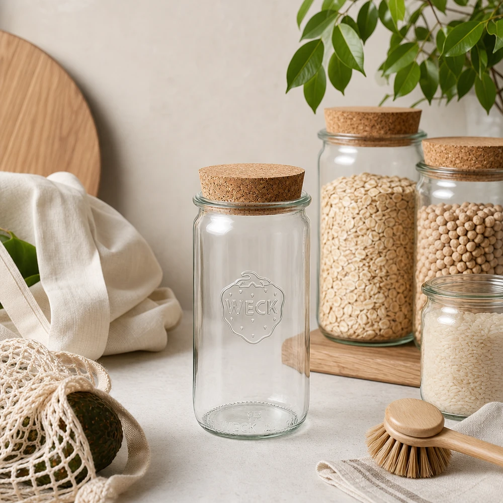 Vaso cilindrico da 340 ml WECK RR60 con tappo in sughero naturale Vaso cilindrico WECK 340ml RR60 con coperchio in sughero in un ambiente di cucina naturale tra vasi di stoccaggio e tessuti