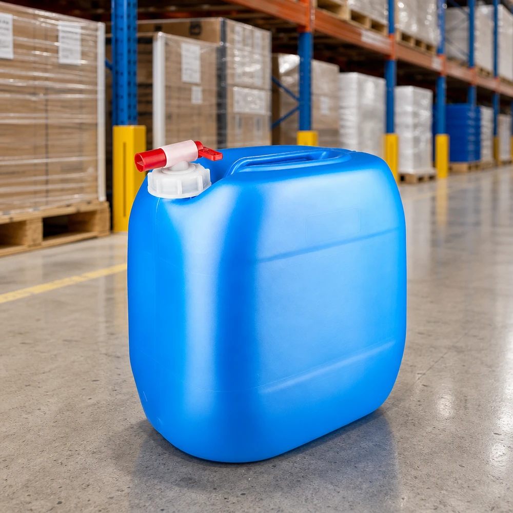 Tanica 30 litri blu con rubinetto di scarico Contenitore da trasporto da 30 litri, blu, con rubinetto di scarico, su pavimento in cemento di un magazzino