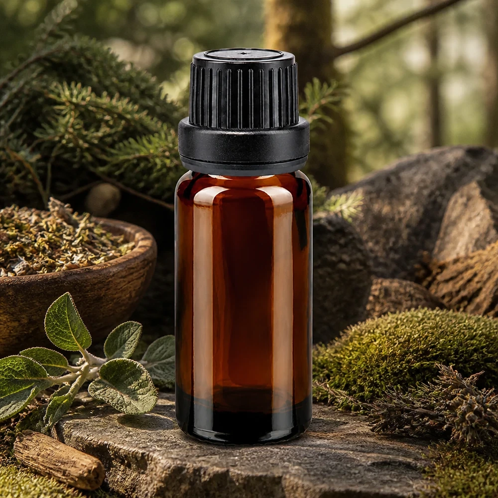 Flacone di vetro marrone da 10 ml con tappo di sicurezza nero e contagocce, in stile boschivo