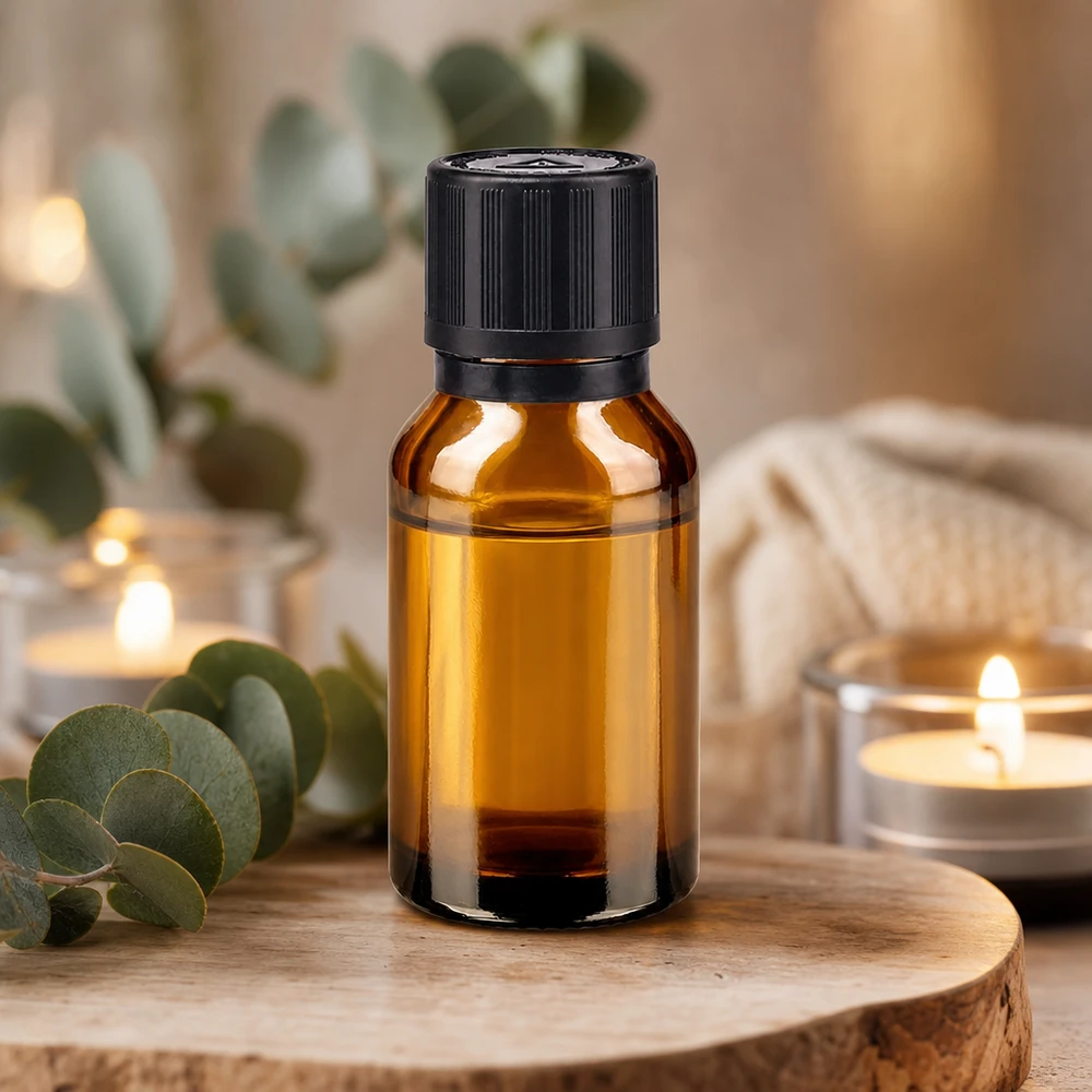 Bottiglia di vetro color ambra da 15 ml con tappo di sicurezza per bambini, appoggiata su un sottobicchiere di legno profumato all’eucalipto