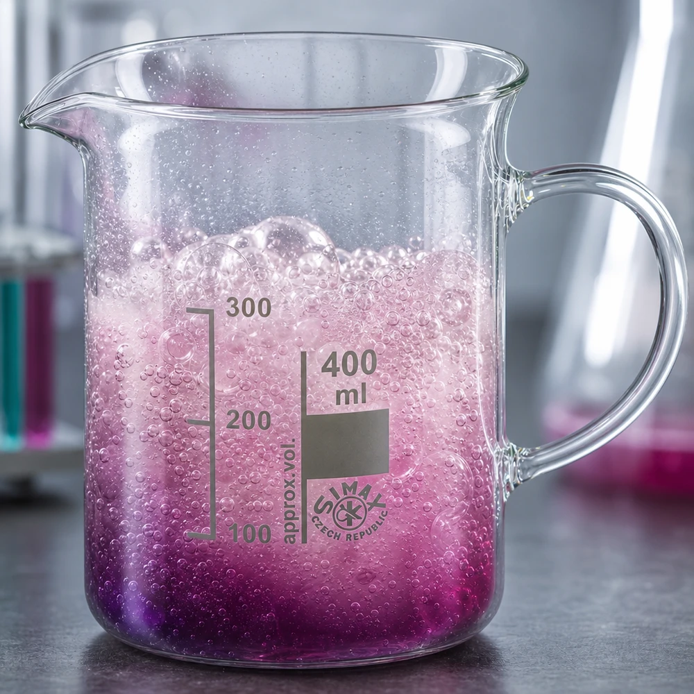 Bicchiere da laboratorio da 400 ml con manico, reazione schiumosa di colore rosa, bolle frizzanti, vetro borosilicato, laboratorio