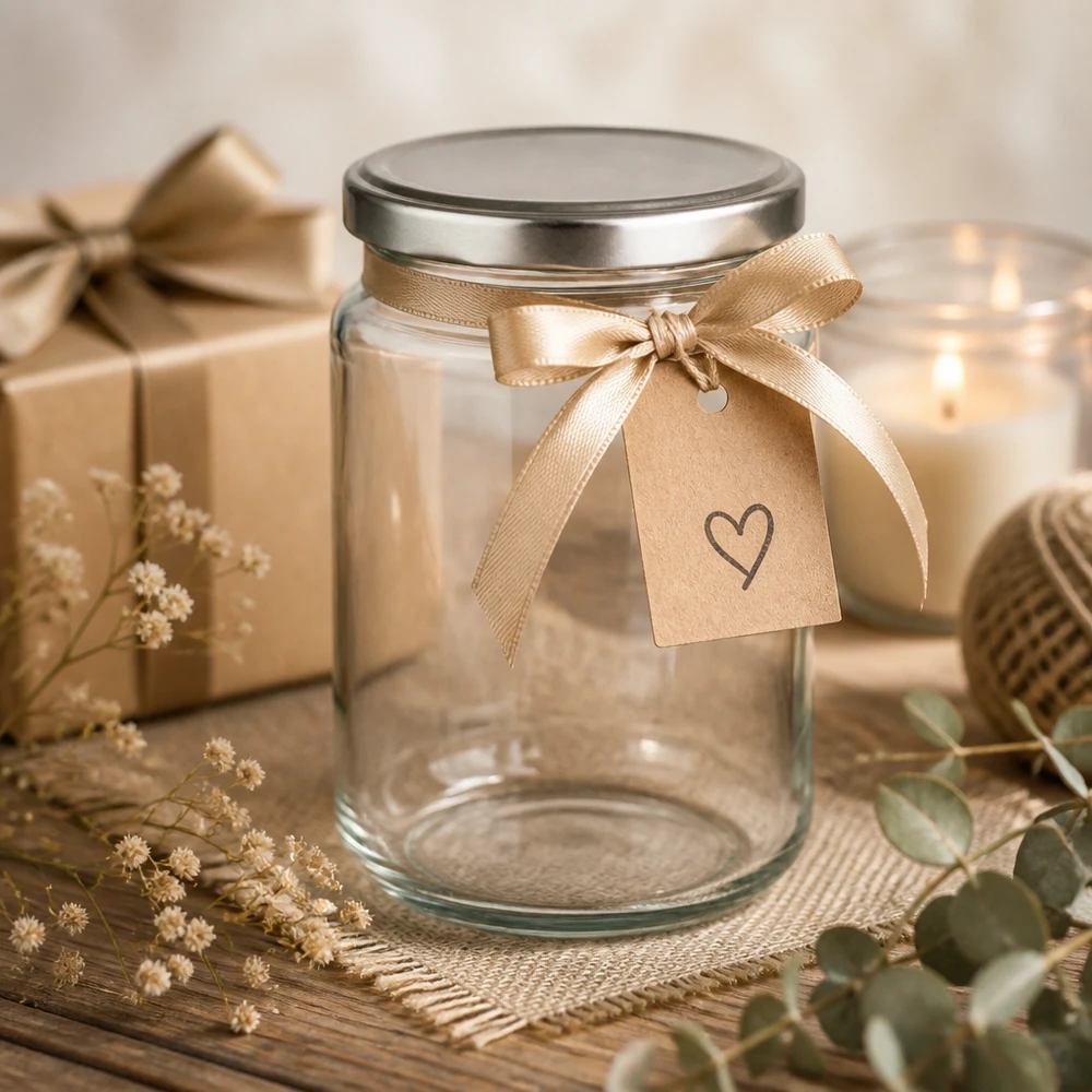 Vaso rotondo da 382 ml con coperchio d'argento, decorato con nastro regalo e ciondolo a forma di cuore, idea regalo per vasetto da conserva