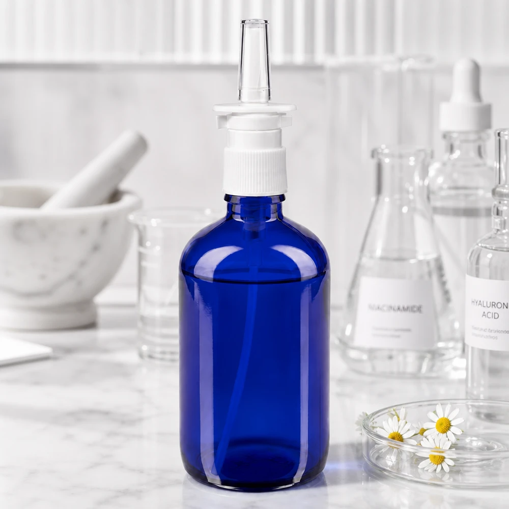 Flacone di vetro da 100 ml blu cobalto con beccuccio spray nasale, tra i flaconi da laboratorio contenenti niacinamide e acido ialuronico