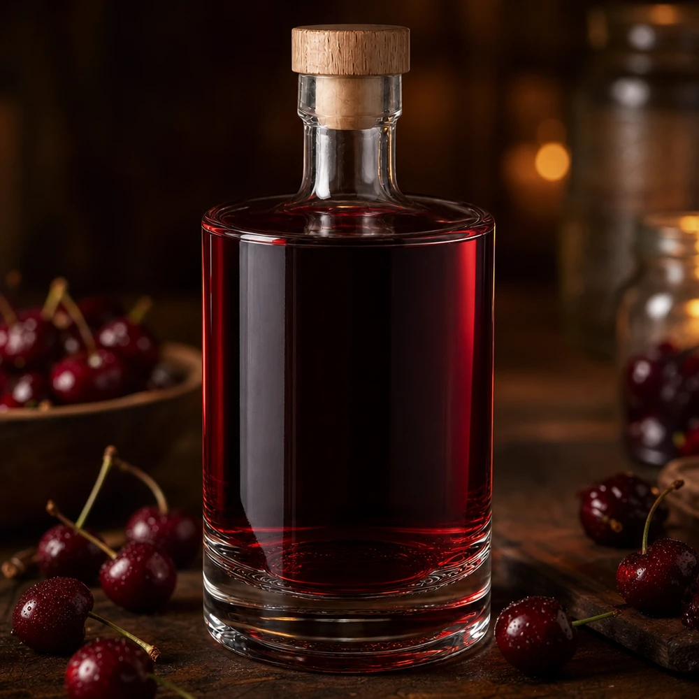 Bottiglia in vetro da 500 ml 500ml Glasflasche "Marie" mit Holzgriff-Korken UNiTWIST con tappo in sughero con impugnatura in legno UNiTWIST® Bottiglia di vetro da 500 ml Marie riempita di liquore alla ciliegia rossa - Tappo di legno - Foto del prodotto Lifestyle con ciliegie