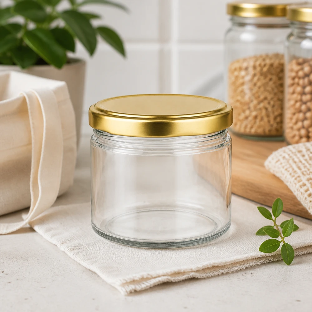 Barattolo rotondo da 540 ml con coperchio BasicSeal oro UNiTWIST Barattolo rotondo da 540 ml con coperchio BasicSeal dorato vuoto in decorazione da cucina sostenibile con fibre naturali e piante