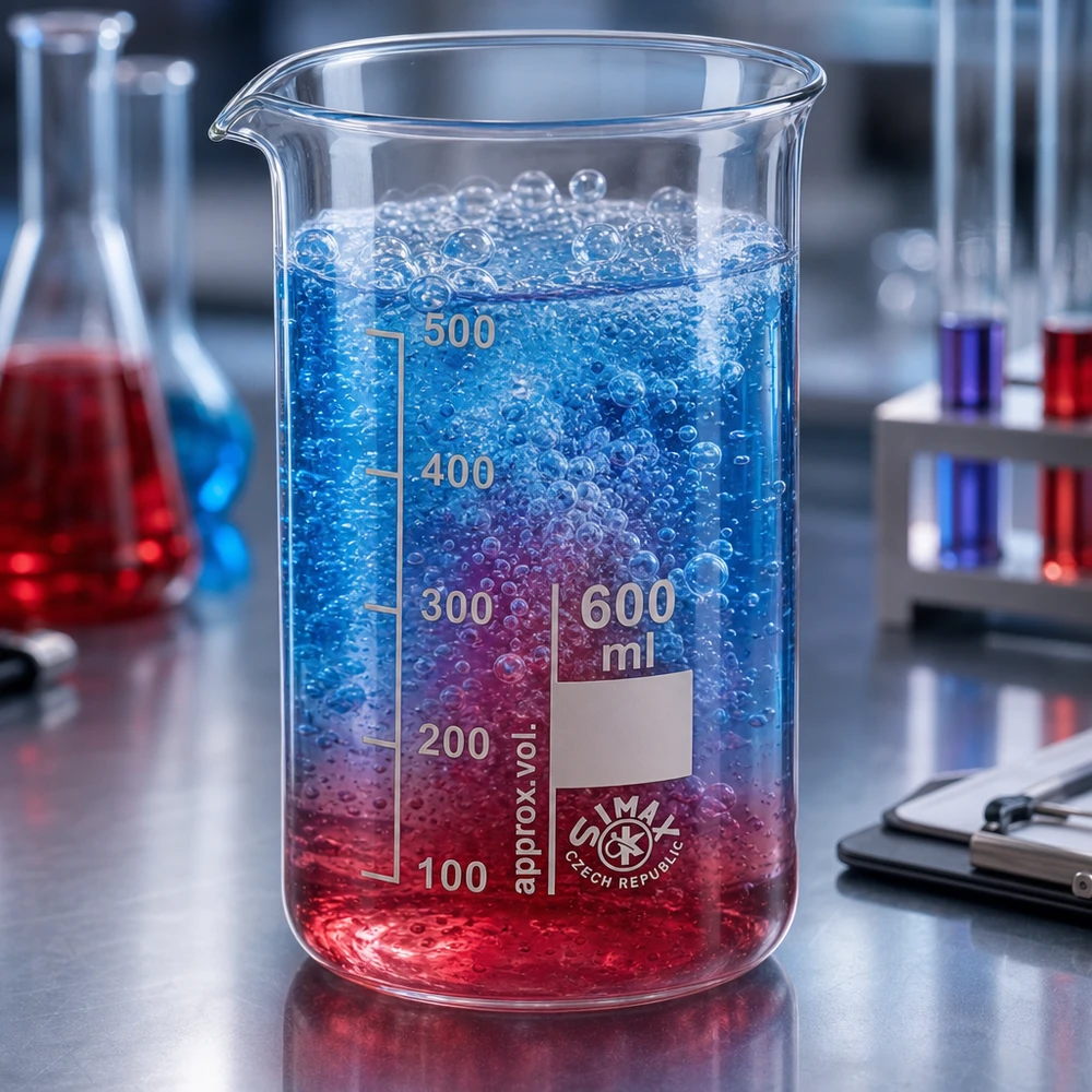 Bicchiere da laboratorio reattivo da 600 ml con liquido bifasico blu-rosso e bolle che salgono in laboratorio