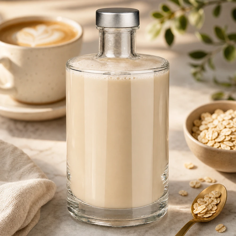 Bottiglia in vetro da 375 ml Sam e tappo a vite argento UNiTWIST® Bottiglia di vetro da 375 ml di Sam riempita di latte d'avena cremoso accanto a una tazza da caffè e a fiocchi d'avena in cucina chiara