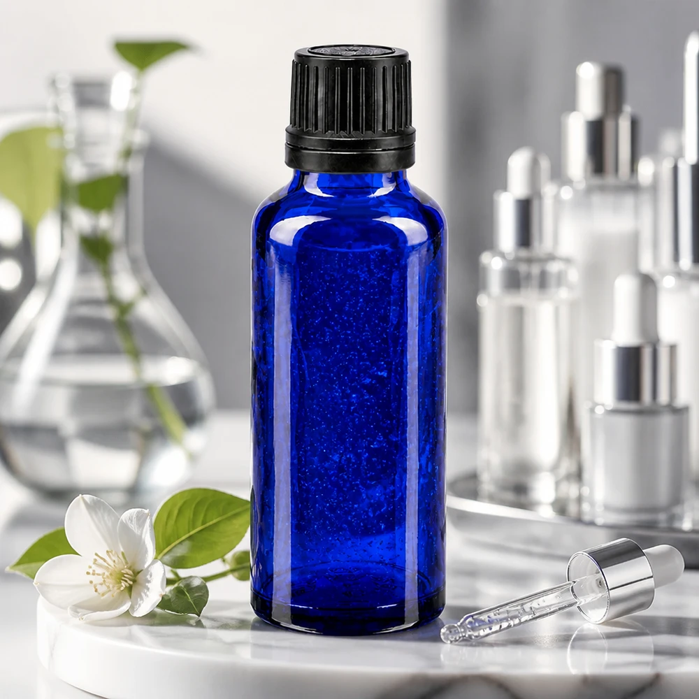 Bottiglia da 30ml blu (Glo.) GR OV nero/8mm ApoGlas Flacone contagocce da 30 ml in vetro da farmacia di colore blu cobalto, con tappo di sicurezza nero e pipetta