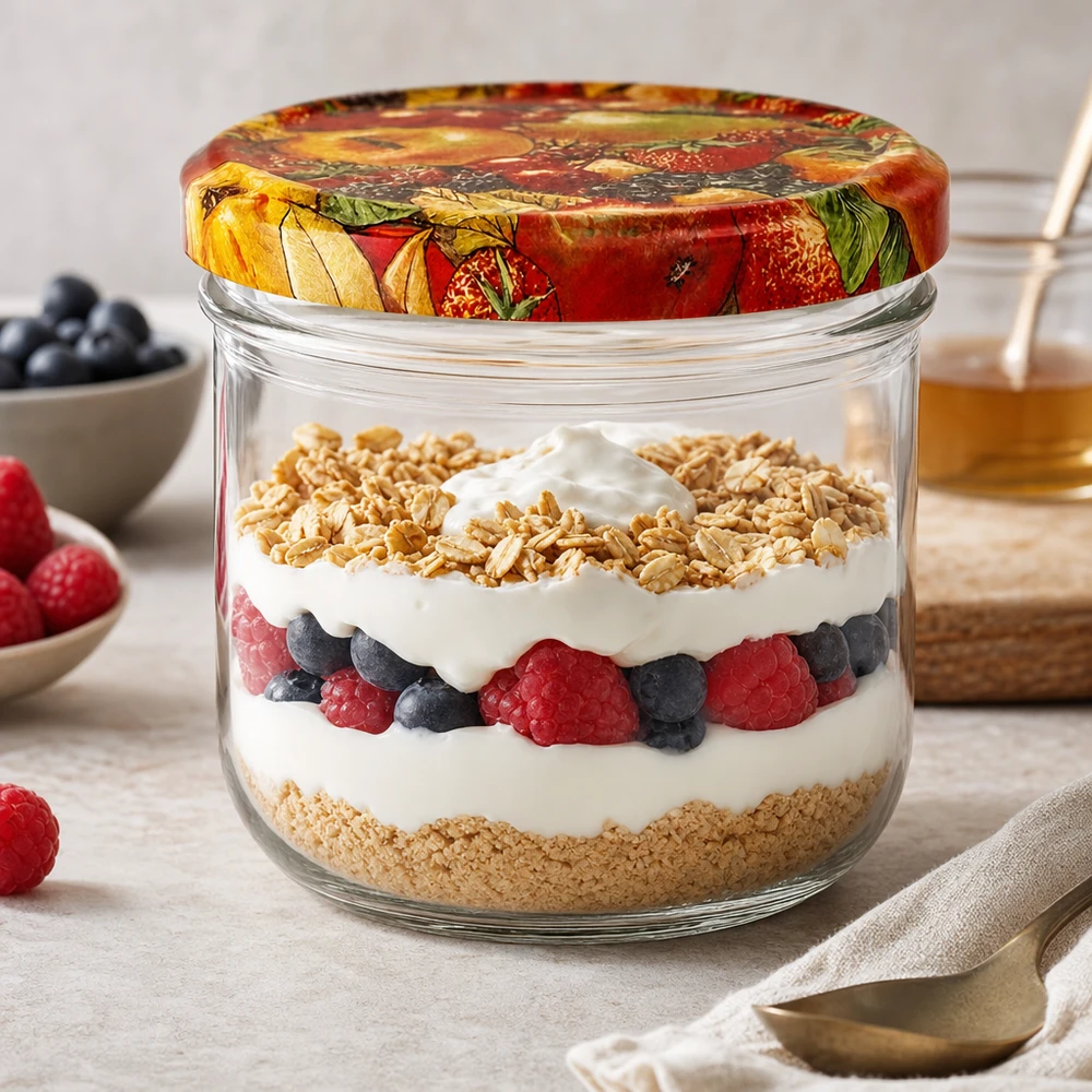 Bicchieri da 260 ml + coperchio BasicSeal per frutta UN.. Bicchieri da 260 ml con decorazione di frutta come bicchiere da dessert con yogurt, frutti di bosco e granola a strati sul piano di lavoro della cucina