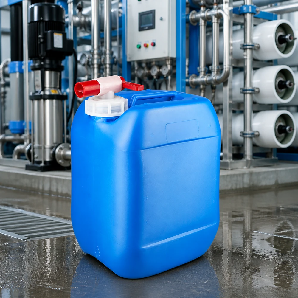 Tanica rettangolare da 10 litri, blu, con rubinetto di scarico, davanti a un impianto industriale di trattamento delle acque