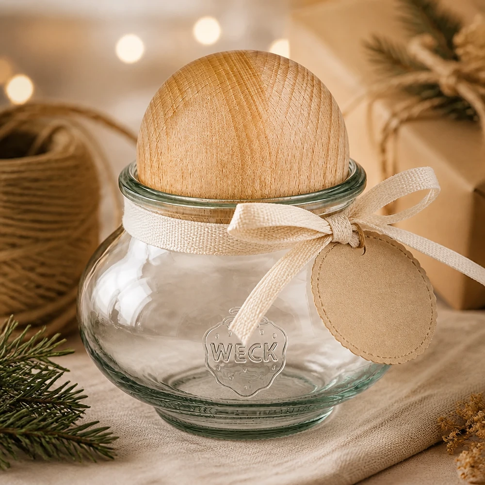 WECK vaso da conserva 560ml RR80 palla di legno faggio confezione regalo fiocco decorazione natalizia presentazione festiva