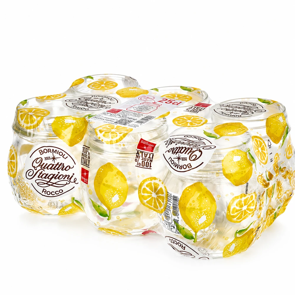 Bormioli Rocco Quattro Stagioni Barattoli per conserve da 250 ml con motivo a limone e coperchio a vite, set di 6 pezzi