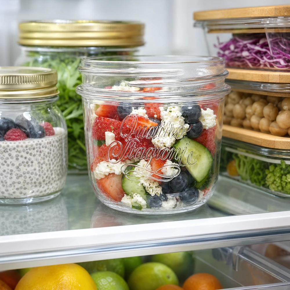 Vaso decorativo Quattro Stagioni da 200 ml con insalata fresca in frigorifero accanto ad altri vasi per alimenti