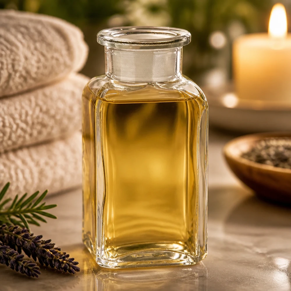 Bottiglia quadrata da 100 ml in vetro trasparente a collo largo con tappo in vetro NS Bottiglia di vetro trasparente da 100 ml, di forma quadrata, con collo largo e tappo, accanto a lavanda e candela