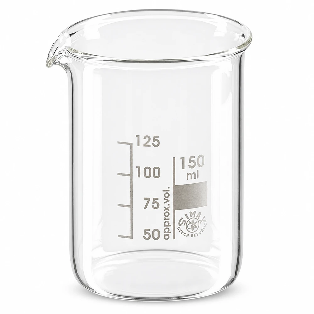 Becher 150ml in vetro borosilicato, forma bassa Bicchiere da 150 ml in vetro borosilicato con beccuccio e graduazione per uso di laboratorio