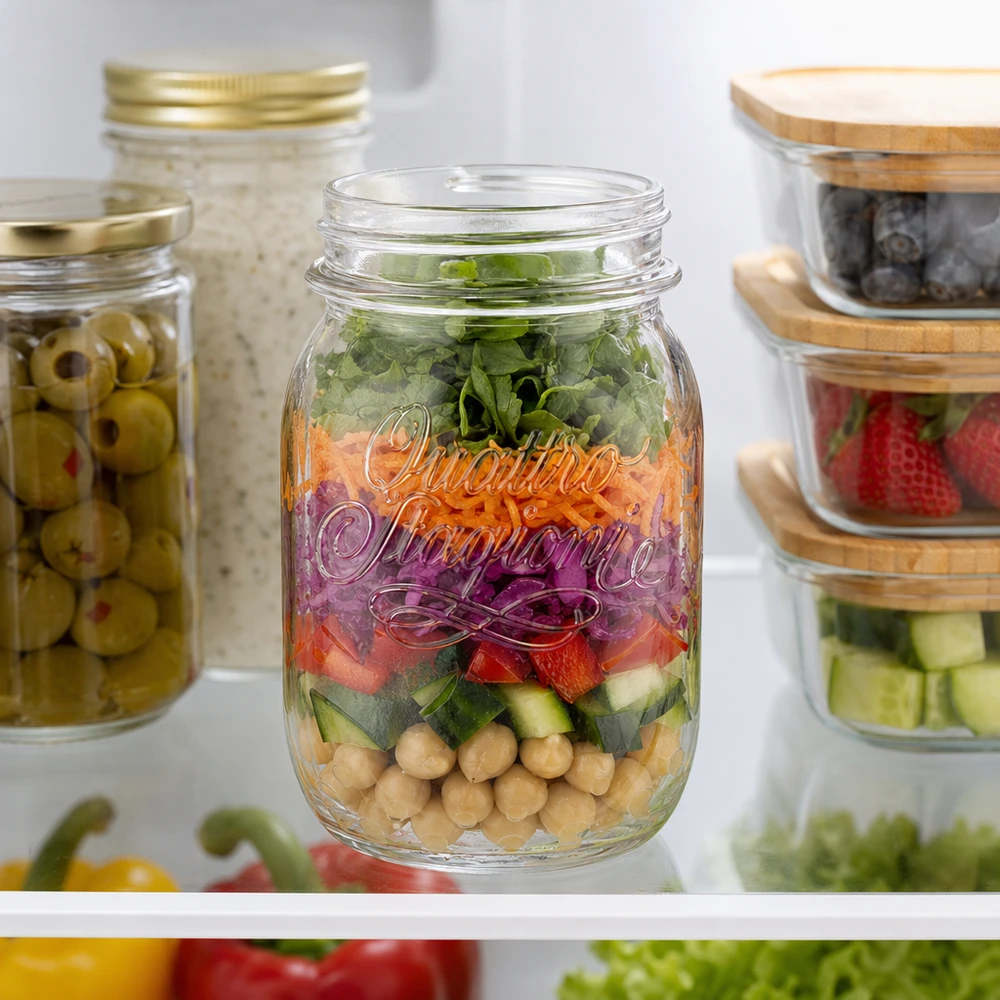 Vaso domestico "Quattro Stagioni" da 500 ml Barattolo domestico Quattro Stagioni da 500 ml riempito di insalata a strati in frigorifero accanto ad altri barattoli di conservazione