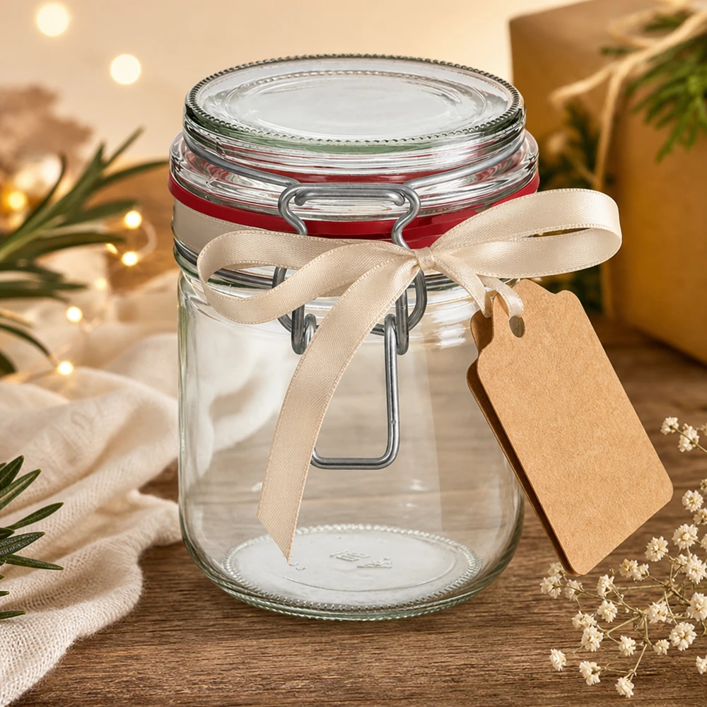 Barattolo da conservazione da 400 ml, tipo G, con chiusura a clip UN.. Barattolo decorativo da 400 ml con fiocco color crema ed etichetta regalo per occasioni speciali