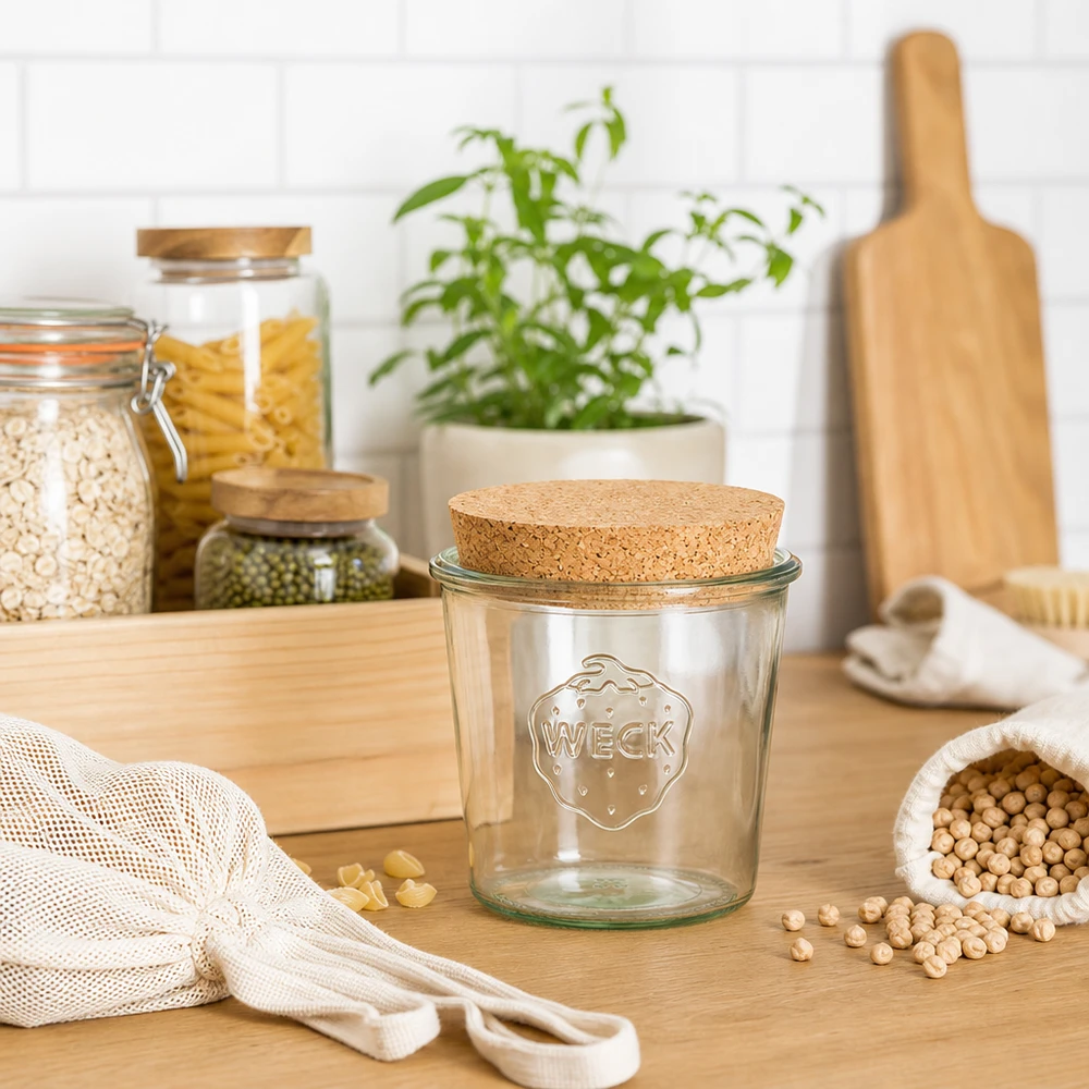 Bicchieri WECK RR100 da 580 ml con tappo in sughero naturale Barattolo WECK 580ml RR100 con coperchio in sughero in cucina sostenibile a spreco zero con sacchetti di tessuto e legumi