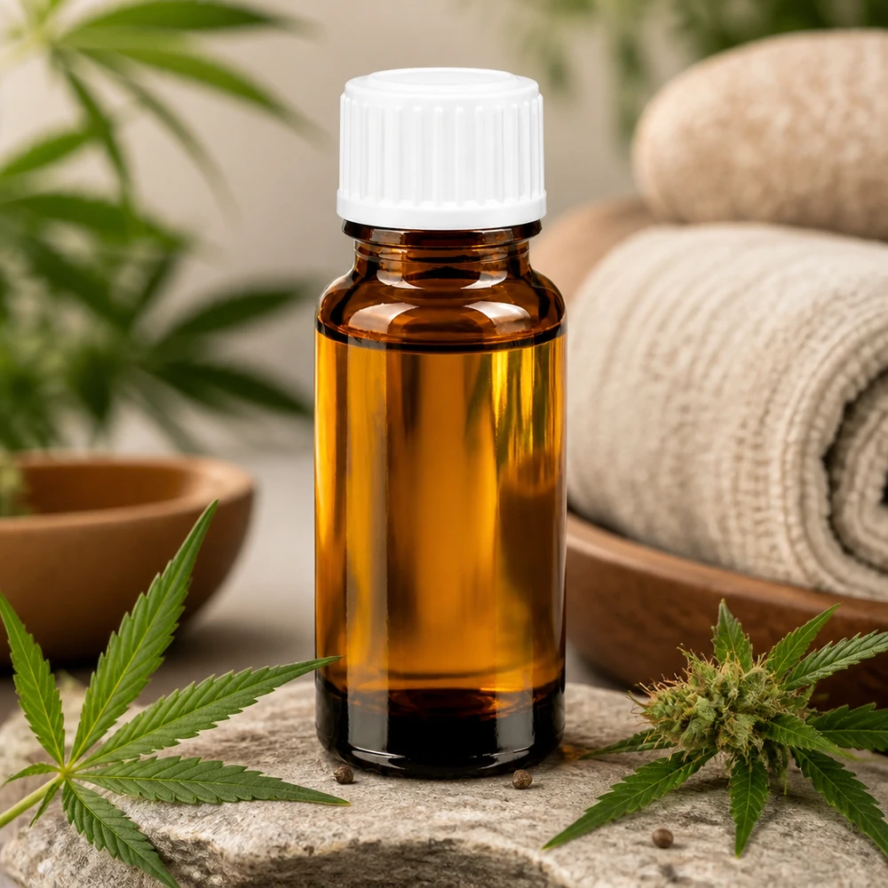 Flacone contagocce marrone da 10 ml con tappo bianco accanto a foglie di cannabis e pietre naturali