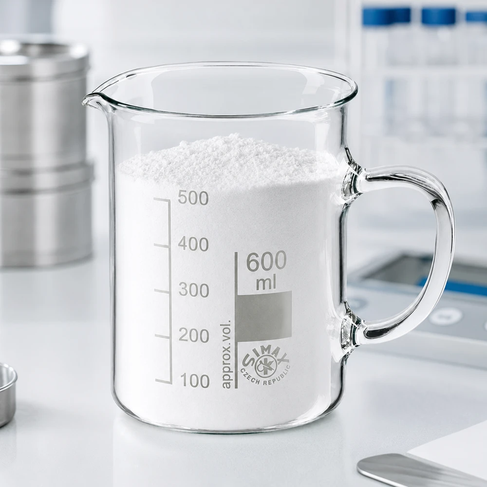 Bicchiere da laboratorio da 600 ml con manico, pieno di polvere bianca su un piano di lavoro bianco