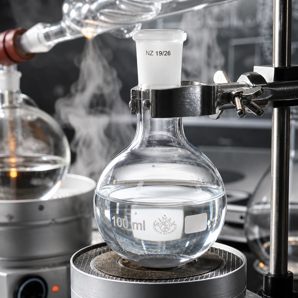 Fiaschetta da 100 ml con forma rotonda ergonomica - vetro resistente agli agenti chimici e giunto smerigliato NS 19/26