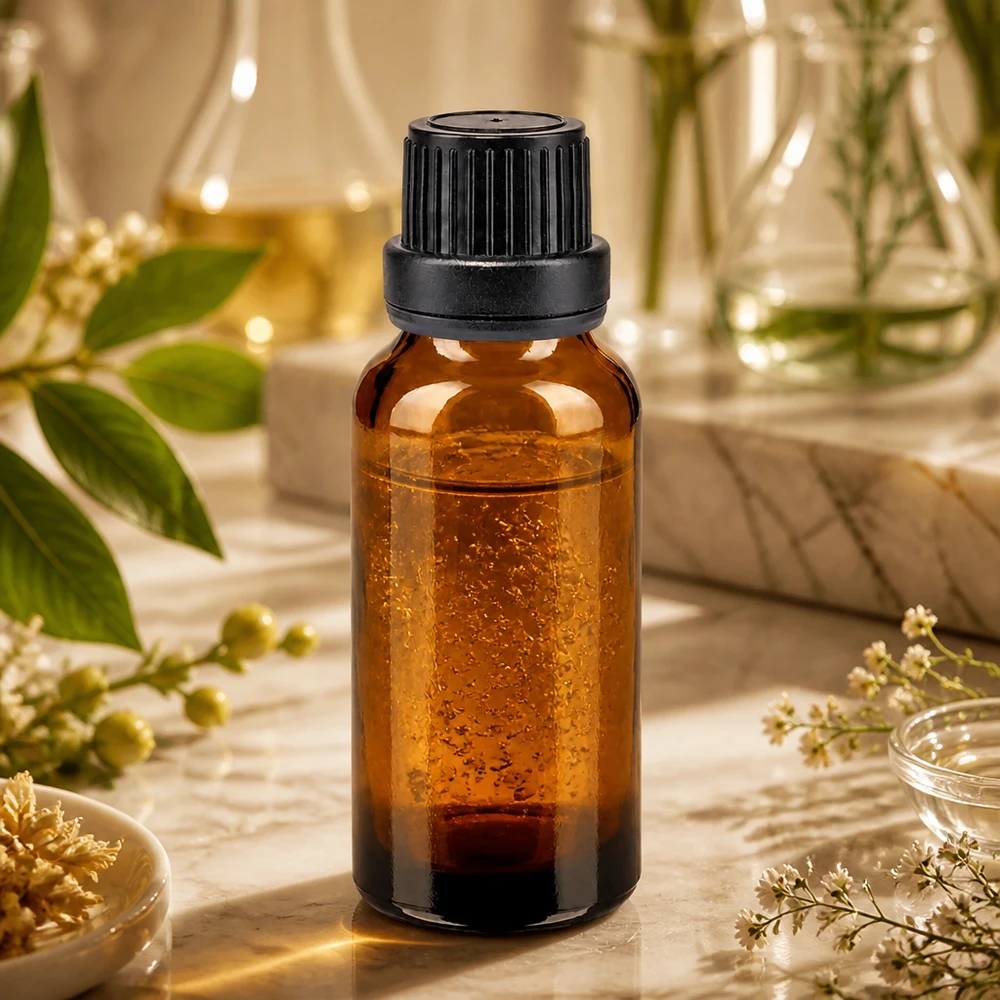 Bottiglia da farmacia marrone da 20ml. SV OV nero/11mm ApoGlas Flacone da farmacia color ambra da 20 ml con tappo a vite nero, posato su una base di marmo tra erbe medicinali