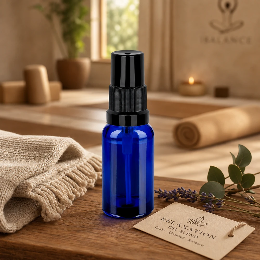 Flacone spray da 20 ml nero STD BlueLine UT18/20 Flacone spray durevole da 20 ml in vetro blu spesso con sistema di spruzzatura nero resistente alla corrosione