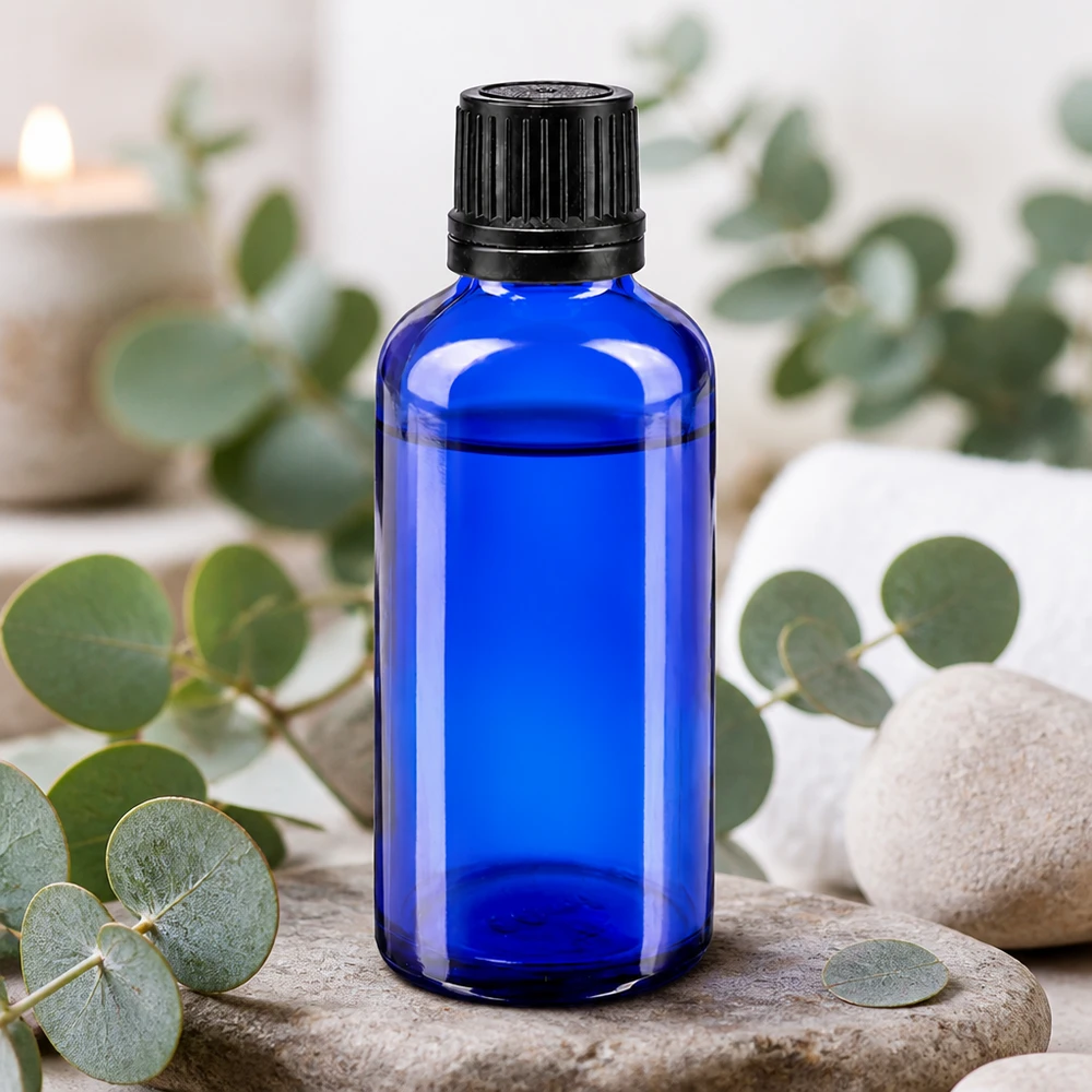 Flacone contagocce blu da 50ml OV nero/1mm ApoGlas Flacone di vetro da 50 ml blu cobalto con tappo a vite nero, appoggiato su pietre naturali con ramoscelli di eucalipto