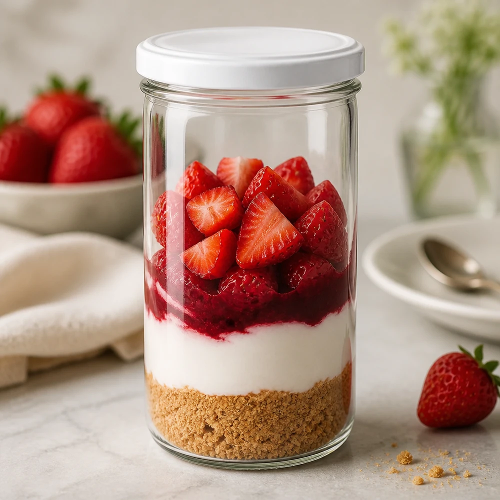 Bicchieri da 277 ml con coperchio BasicSeal bianco UN.. Vaso di vetro da 277 ml con dessert alle fragole - dessert a strati in un vaso da conserva con base di biscotti e frutta fresca