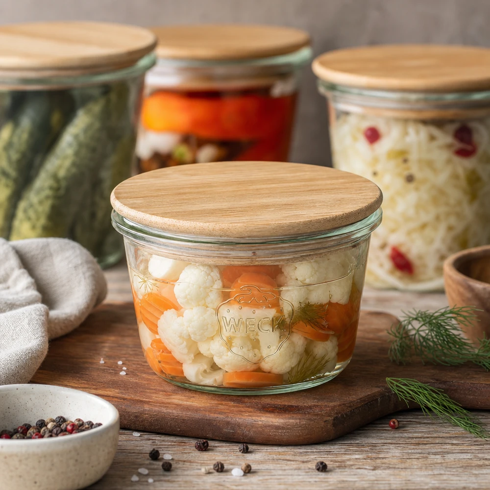 WECK mini mason jar 50ml riempito con cavolfiore e carote come vaso da conserva con coperchio in bambù su tavola di legno