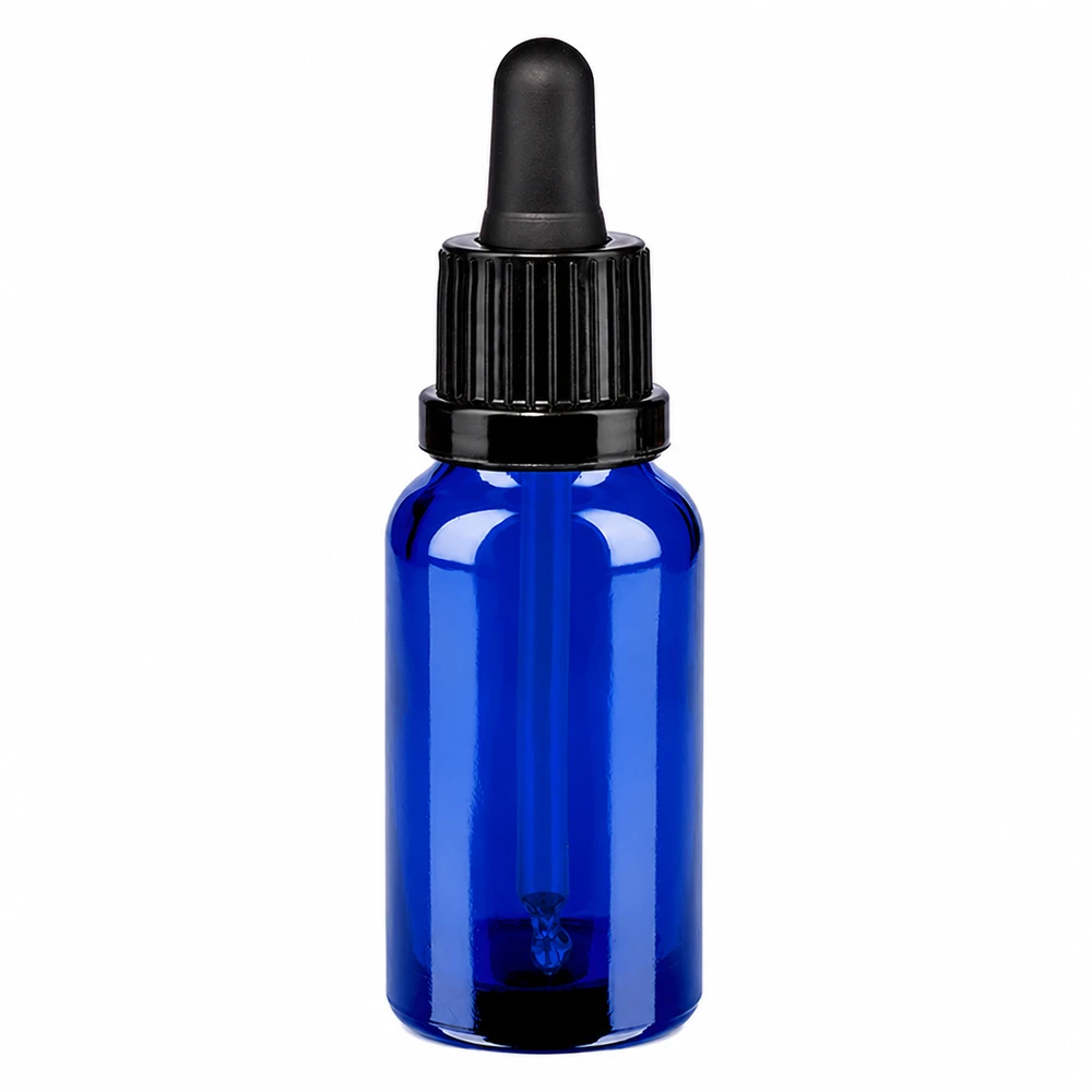 Flacone per pipette da 20 ml nero OV BlueLine UT18/20 Flacone contagocce blu da 20 ml con pipetta nera - Protezione UV garantita da vetro colorato