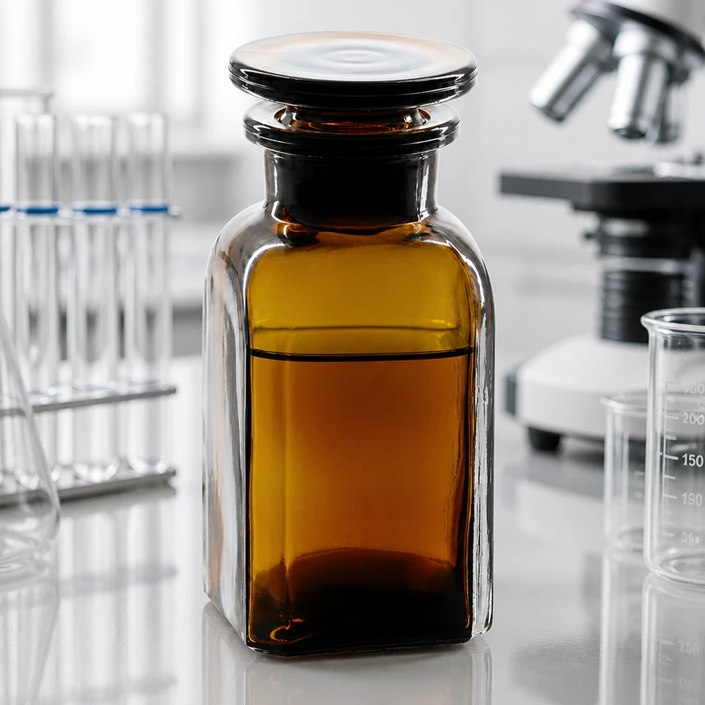 Flacone con protezione dalla luce da 100 ml, in vetro ambrato, di forma quadrata, con tappo in vetro a tenuta ermetica, per prodotti chimici da laboratorio
