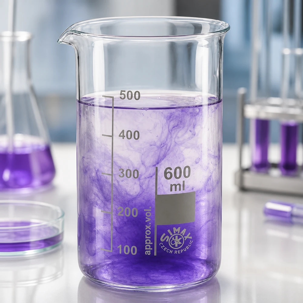 Bicchiere da laboratorio da 600 ml, forma alta, in vetro borosilicato, con liquido viola e graduazione, da laboratorio