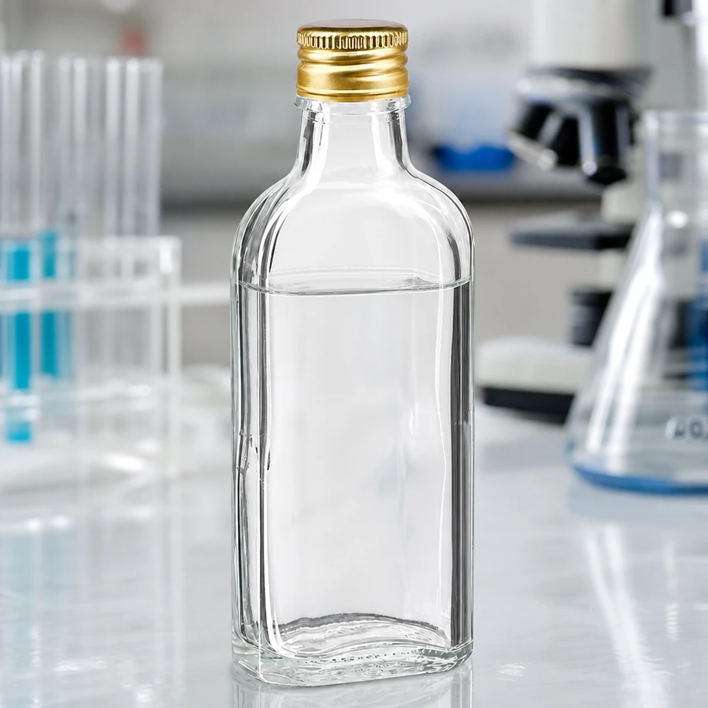 100 ml Meplat trasparente con tappo in alluminio oro PP22 Flacone trasparente Meplat da 100 ml con tappo a vite in alluminio dorato PP22 in ambito di laboratorio