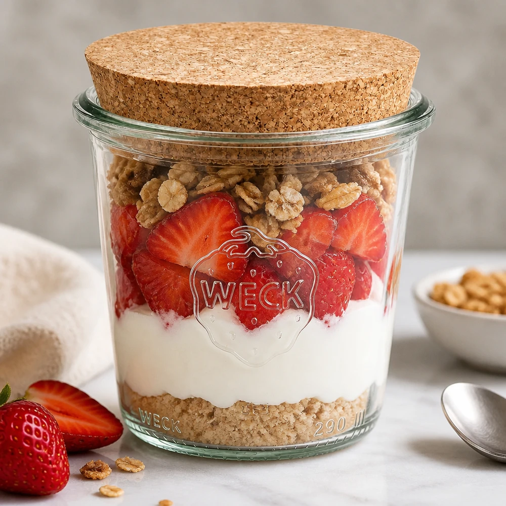 Bicchieri alti da 290 ml WECK RR80 con tappo in sughero naturale WECK tumbler 290ml RR80 con coperchio in sughero come barattolo da dessert riempito a strati con fragole, yogurt e noci