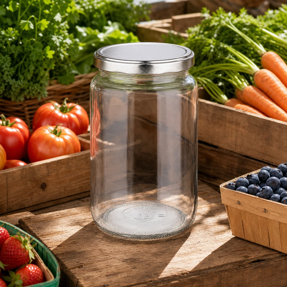 Barattolo rotondo da 795 ml con coperchio BasicSeal argento UN... Barattolo rotondo da 795 ml con coperchio BasicSeal in una cucina rustica all'aperto circondata da frutta e verdura fresca