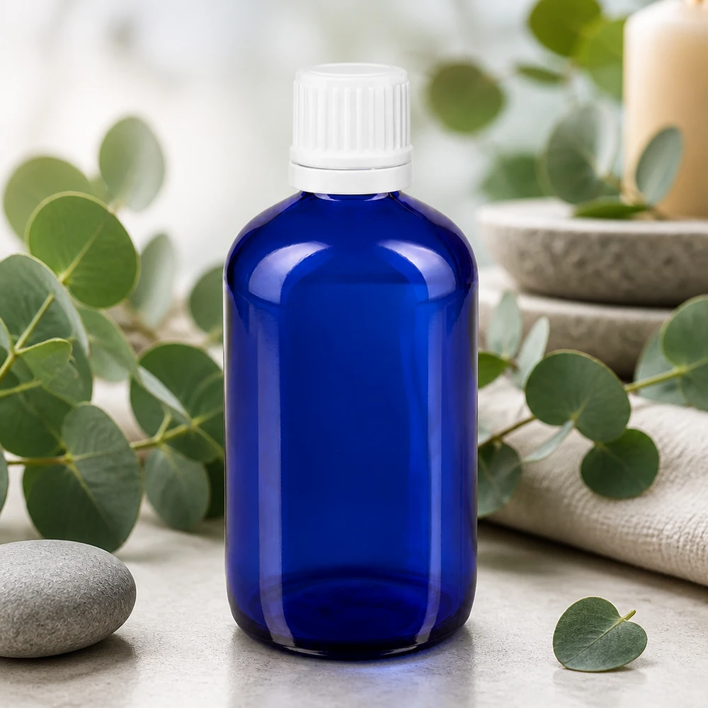 Flacone contagocce blu 100ml OV bianco/0,7mm ApoGlas Flacone da farmacia da 100 ml di colore blu con tappo contagocce bianco, tra rami di eucalipto e pietre da spa