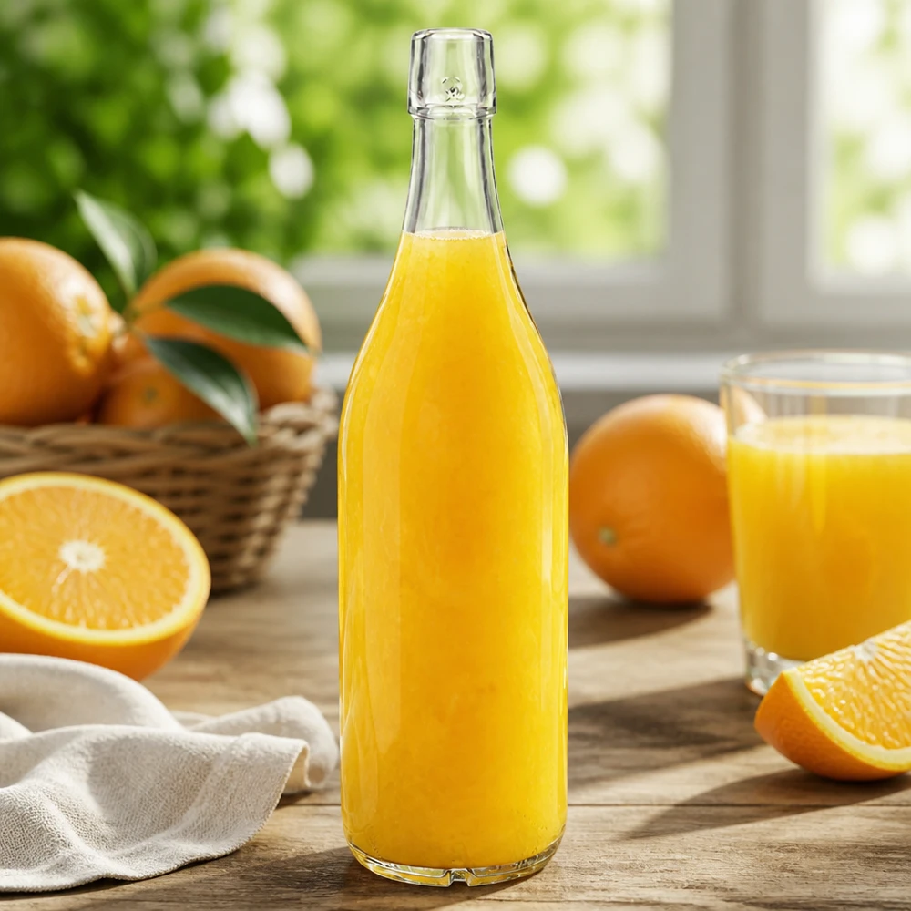 Bottiglia in vetro da 1000 ml senza tappo UNiTWIST Bottiglia di vetro 1000ml UNiTWIST riempita di succo d'arancia fresco arance tavolo cucina luce naturale sano